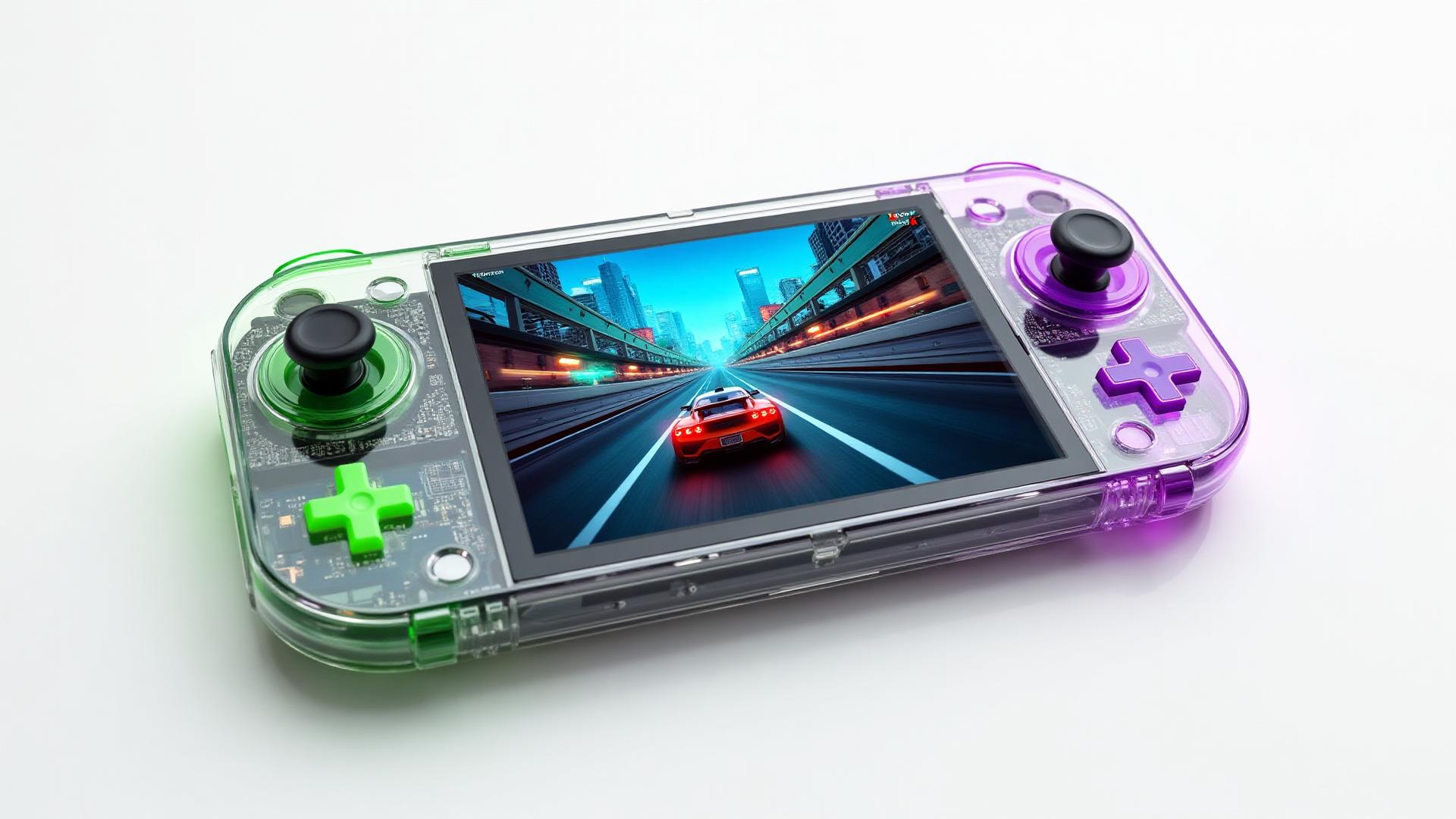 Retro portable gaming console with transparent design